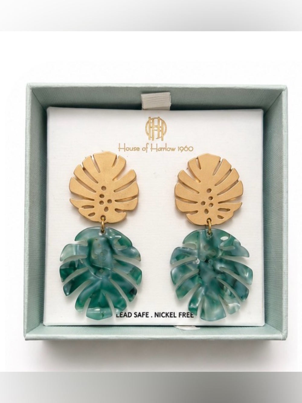 House of Harlow 1960 Monstera Leaf Drop Earrings Gold Aqua Resin Tropical